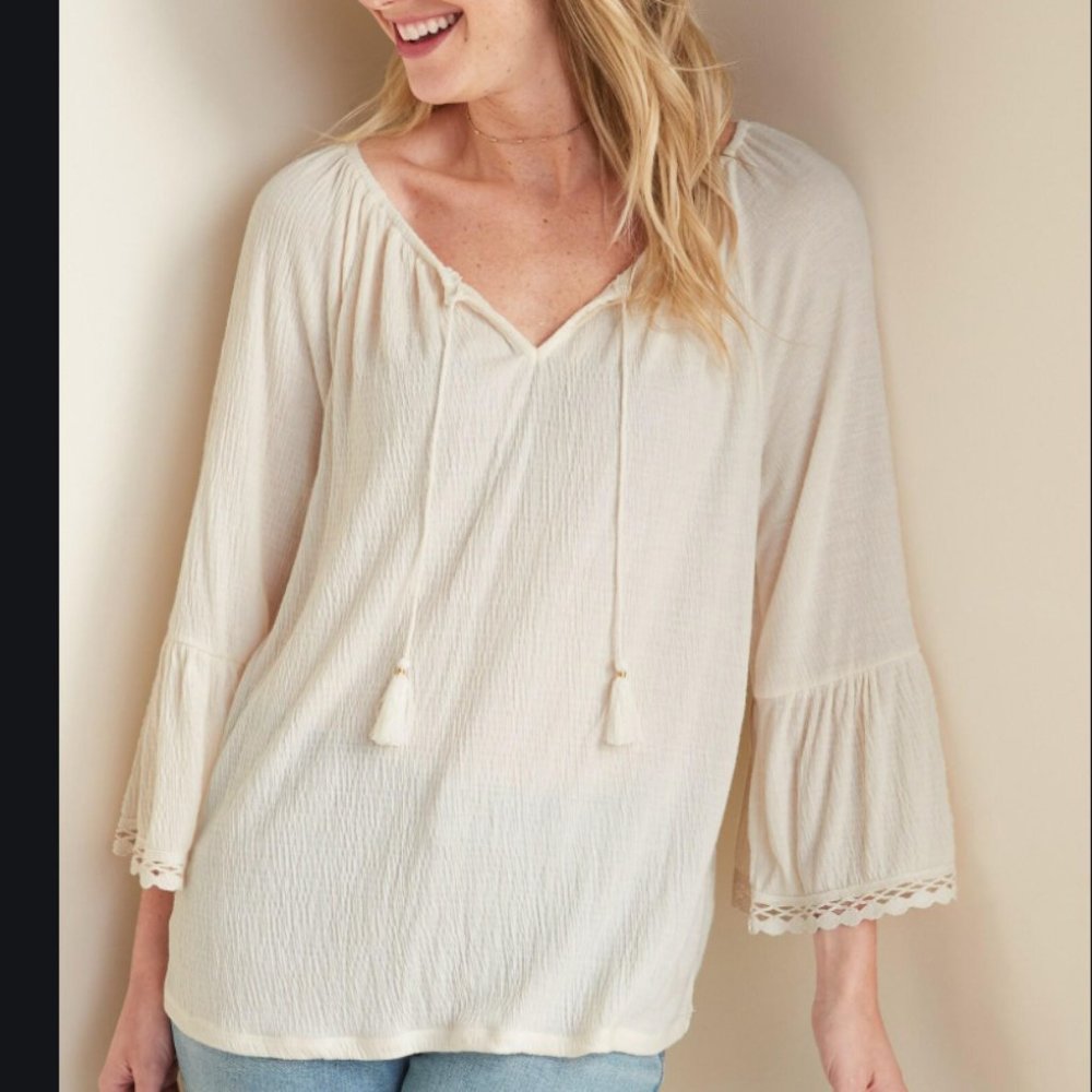 Old Navy Jersey Bell-Sleeve Tie-Neck Blouse Top